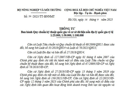 Đã có Thông tư 59 Quy chuẩn kỹ thuật quốc gia về cơ sở dữ liệu nền địa lý quốc gia tỷ lệ