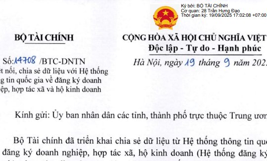 Công văn 14708: Hướng dẫn kết nối với hệ thống thông tin quốc gia về đăng ký doanh nghiệp, hợp tác xã