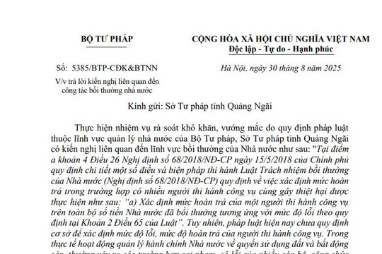 Công văn 5385: Bộ Tư pháp trả lời kiến nghị liên quan đến công tác bồi thường nhà nước