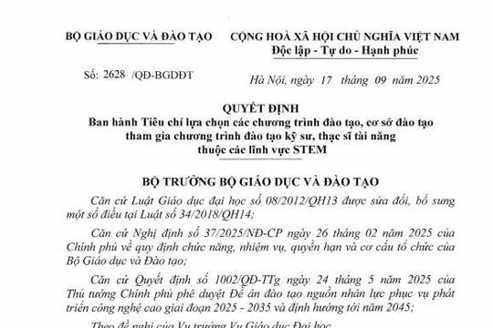 Tiêu chí lựa chọn chương trình, cơ sở đào tạo tham gia chương trình đào tạo kỹ sư, thạc sĩ tài năng STEM (Quyết định 2628/QĐ-BGDĐT)