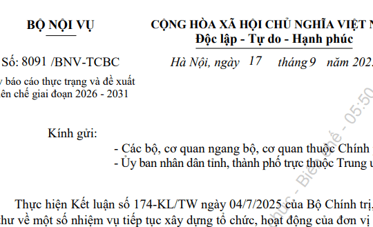 Toàn văn Công văn 8091/BNV-TCBC về báo cáo thực trạng và đề xuất biên chế giai đoạn 2026 - 2031