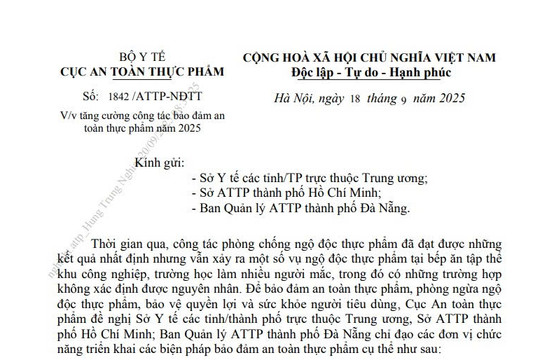 Công văn 1842/ATTP-NĐTT: Tăng cường công tác bảo đảm an toàn thực phẩm năm 2025