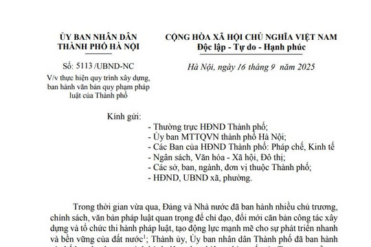 Công văn 5113/UBND-NC: Quy trình xây dựng ban hành văn bản quy phạm pháp luật của Hà Nội