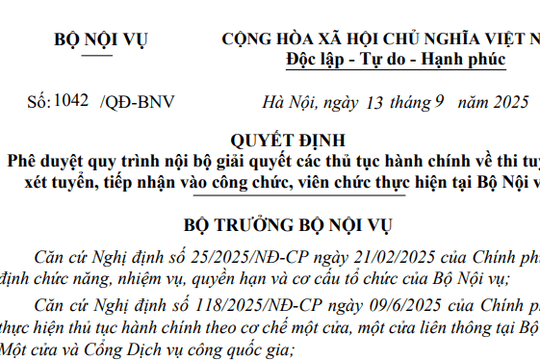 Quyết định 1042/QĐ-BNV: Quy trình giải quyết TTHC về thi tuyển xét tuyển tiếp nhận vào công chức viên chức