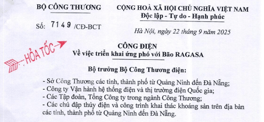 Đã có Công điện 7149/CĐ-BCT về việc triển khai ứng phó với bão Ragasa