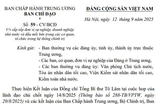 Toàn văn Công văn 59-CV/BCĐ về việc sắp xếp đơn vị sự nghiệp, doanh nghiệp nhà nước và đầu mối bên trong các cơ quan tổ chức