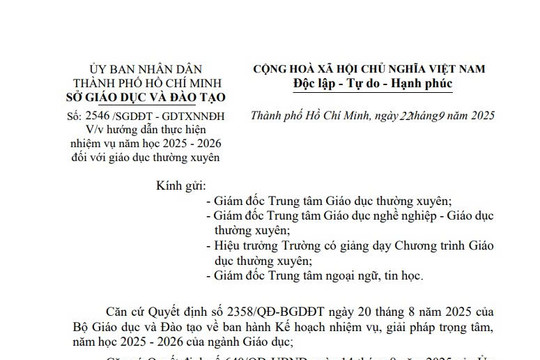 Công văn 2546: Hướng dẫn thực hiện nhiệm vụ năm học 2025 - 2026 với giáo dục thường xuyên tại TPHCM