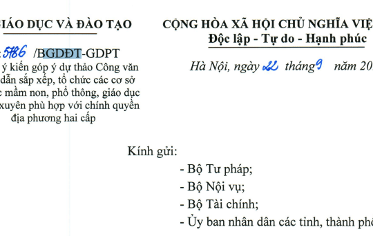 Công văn 5786: Bộ GDĐT lấy ý kiến về sắp xếp trường mầm non, THCS, GDTX theo chính quyền địa phương 02 cấp