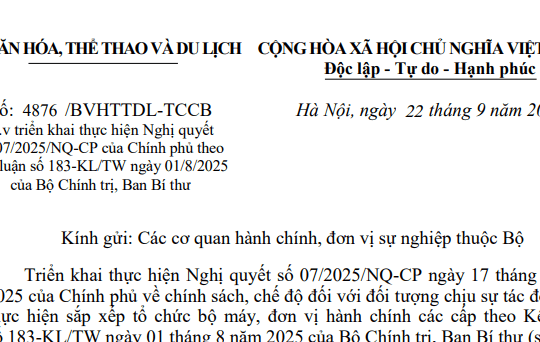 Đã có Công văn hướng dẫn Nghị quyết 07 về chính sách cho đối tượng chịu tác động từ sắp xếp bộ máy tại Bộ VHTTDL
