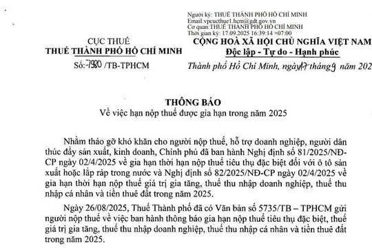Thuế TPHCM thông báo hạn nộp thuế được gia hạn trong năm 2025 (Thông báo 7980/TB-ТPHCM)