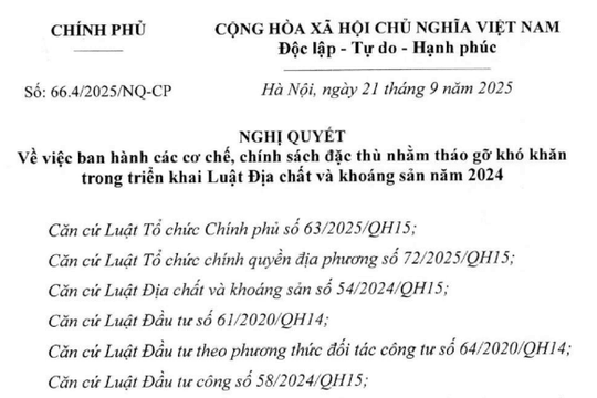 Đã có Nghị quyết 66.4/2025/NQ-CP chính sách đặc thù tháo gỡ khó khăn trong Luật Địa chất và khoáng sản