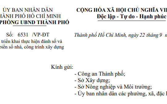 Công văn 6531/VP-ĐT: Chỉ đạo mới về đánh số và gắn biển số nhà, công trình xây dựng tại TPHCM