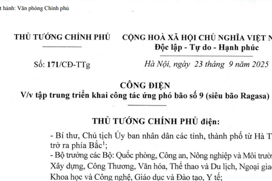 Công điện 171/CĐ-TTg: Chỉ đạo mới nhất về ứng phó bão số 9 (siêu bão Ragasa) của Thủ tướng Chính phủ