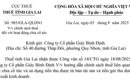 Công văn 985/GLA-QLDN1: Hướng dẫn mới về chính sách thuế đối với hoạt động chia cổ tức