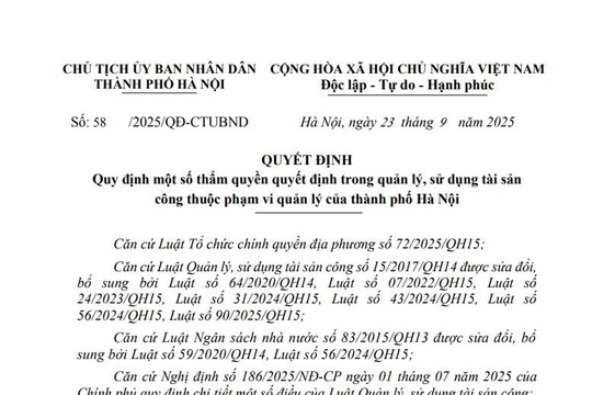 Quyết định 58: Quy định thẩm quyền quyết định trong quản lý và sử dụng tài sản công thuộc quản lý của thành phố Hà Nội