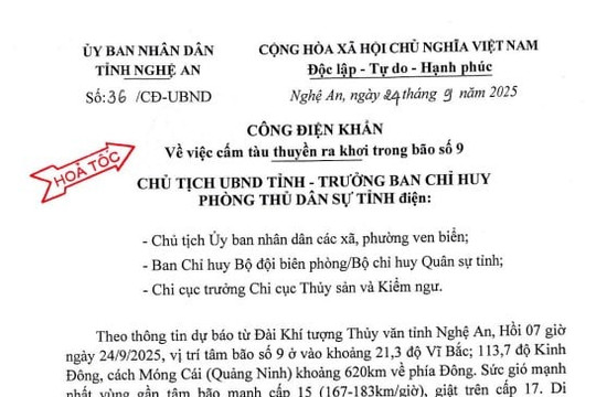 Công điện khẩn về việc cấm tàu thuyền ra khơi trong bão số 9