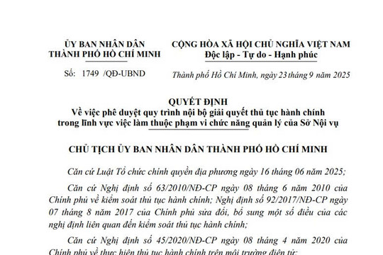 08 quy trình nội bộ giải quyết thủ tục hành chính về việc làm thuộc quản lý của Sở Nội vụ TPHCM từ 23/9/2025