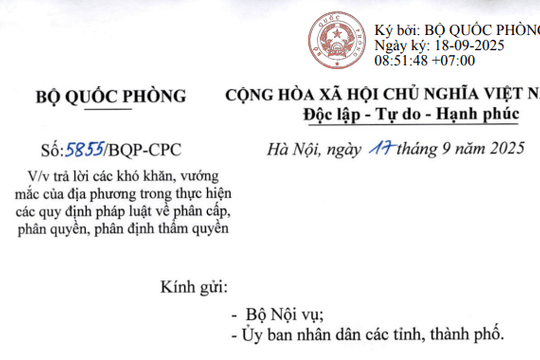 Đã có Công văn 5855/BQP-CPC phúc đáp Công văn 7664 về biên chế, chế độ lương Ban chỉ huy quân sự cấp xã