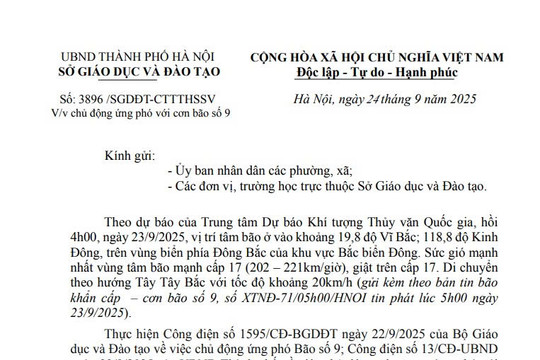 Công văn 3896: Sở GD&ĐT Hà Nội chỉ đạo chủ động ứng phó với cơn bão số 9 (bão Ragasa)