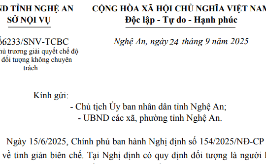 Công văn 6233/SNV-TCBC: Chủ trương giải quyết chế độ Nghị định 154 cho cán bộ không chuyên trách tại Nghệ an