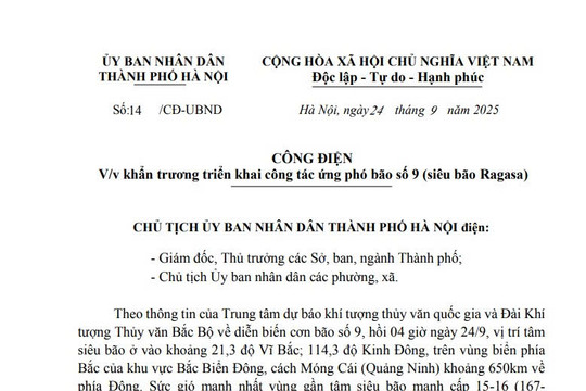 Công điện 14/CĐ-UBND: Khẩn trương triển khai công tác ứng phó bão số 9 (siêu bão Ragasa)