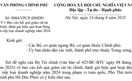 Công văn 9084: Chỉ đạo mới về báo cáo kết quả giám sát tài chính và xếp loại doanh nghiệp năm 2024