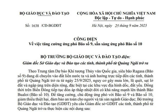 Công điện Bộ GD&ĐT về tăng cường ứng phó Bão số 9 và sẵn sàng ứng phó Bão số 10