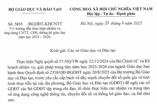 Công văn hướng dẫn thực hiện nhiệm vụ ứng dụng CNTT, CĐS, thống kê giáo dục năm 2025-2026 của Bộ Giáo dục