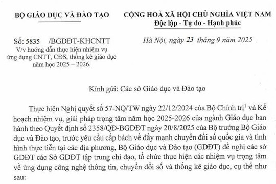 Đã có Công văn 5835/BGDĐT-KHCNTT hướng dẫn thực hiện nhiệm vụ ứng dụng CNTT năm học 2025 - 2026