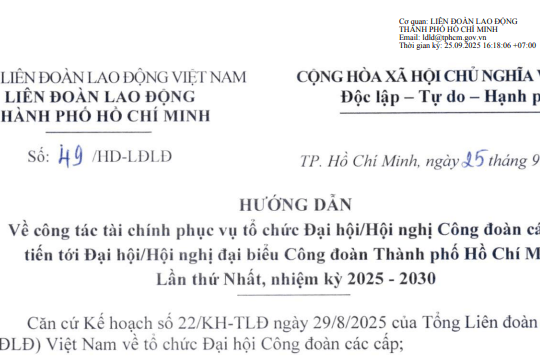 Đã có Hướng dẫn 49/HD-LĐLĐ về mức chi phục vụ tổ chức Đại hội Công đoàn các cấp tại TPHCM