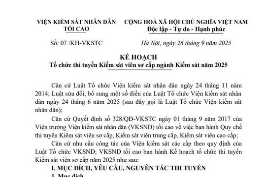 Kế hoạch 07 thi tuyển Kiểm sát viên sơ cấp ngành Kiểm sát năm 2025