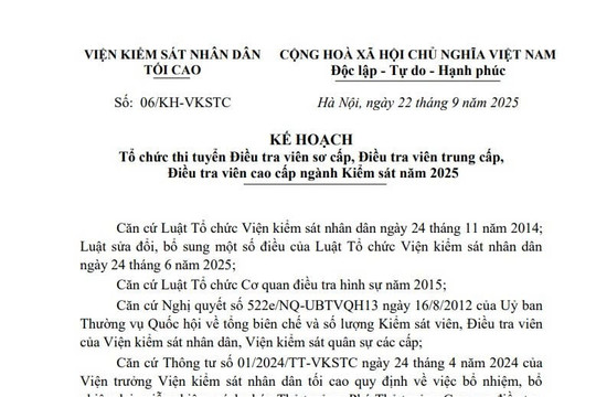 Kế hoạch 06 thi tuyển Điều tra viên sơ cấp, trung cấp và cao cấp ngành Kiểm sát năm 2025
