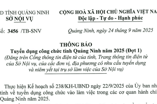 Thông báo 3456/TB-SNV: Thông báo chính thức về tuyển dụng công chức năm 2025 (Đợt 1) tỉnh Quảng Ninh