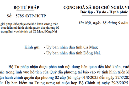 Công văn 5785/BTP-HCTP: Hướng dẫn mới về chính quyền địa phương 02 cấp trong lĩnh vực hộ tịch