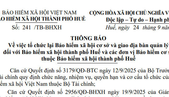 Thông báo 241: Chính thức tổ chức lại BHXH cơ sở và giao địa bàn quản lý đối với BHXH thành phố Huế