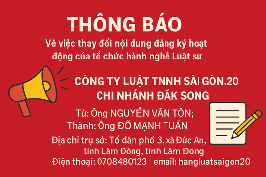 Công ty Luật TNHH Sài Gòn.20 thông báo thay đổi đăng ký hoạt động