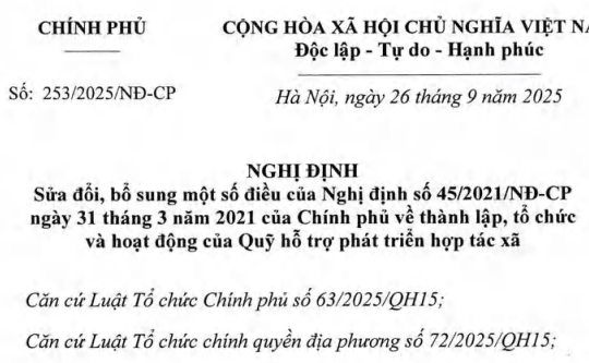 Đã có Nghị định 253/2025/NĐ-CP sửa đổi Nghị định 45/2021 về Quỹ hỗ trợ phát triển hợp tác xã