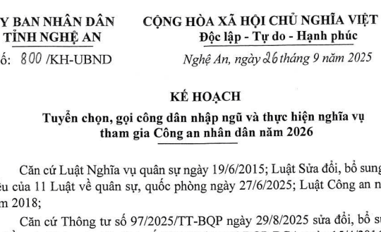 Kế hoạch 800/KH-UBND: Hướng dẫn tuyển chọn gọi công dân nhập ngũ năm 2026 tại Nghệ An
