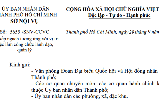 Toàn văn Công văn 5655/SNV-CCVC về xếp ngạch tương ứng với công chức lãnh đạo quản lý tại TPHCM