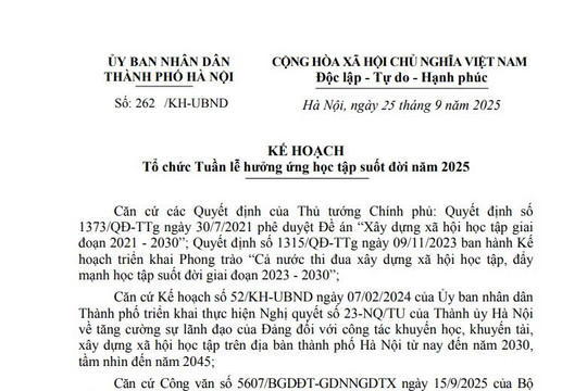 Kế hoạch tổ chức Tuần lễ hưởng ứng học tập suốt đời năm 2025 tại Hà Nội (Kế hoạch 262/KH-UBND)