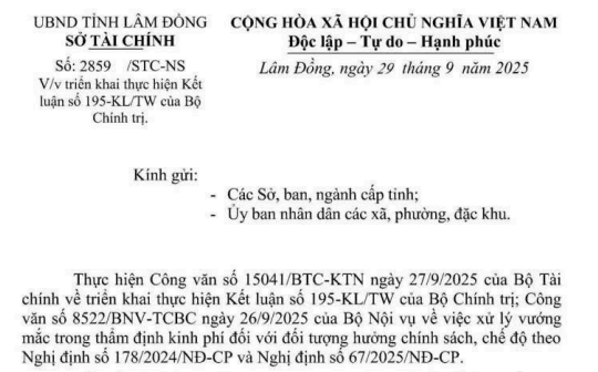 Công văn 2859/STC-NS hướng dẫn chi trả chế độ Nghị định 178, 67 trước 15/10/2025 tại Lâm Đồng