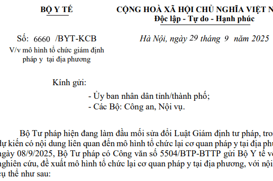 Công văn 6660/BYT-KCB: Bộ Y tế có chỉ đạo mới về mô hình tổ chức giám định pháp y tại địa phương