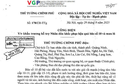 Công điện 178/CĐ-TTg: Khẩn trương hỗ trợ Nhân dân khắc phục hậu quả bão số 10 và mưa lũ
