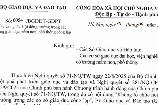 Toàn văn Công văn 6054/BGDĐT-GDPT về công tác Hội đồng trường tại trường mầm non, phổ thông công lập