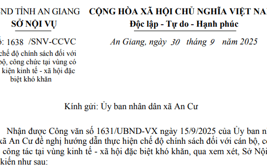 Công văn 1638/SNV-CCVC: Chế độ chính sách cho CBCC tại vùng kinh tế - xã hội đặc biệt khó khăn tại An Giang