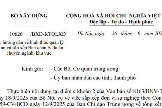 Toàn văn Công văn 10626/BXD-KTQLXD về hình thức quản lý dự án và sắp xếp Ban quản lý dự án khu vực