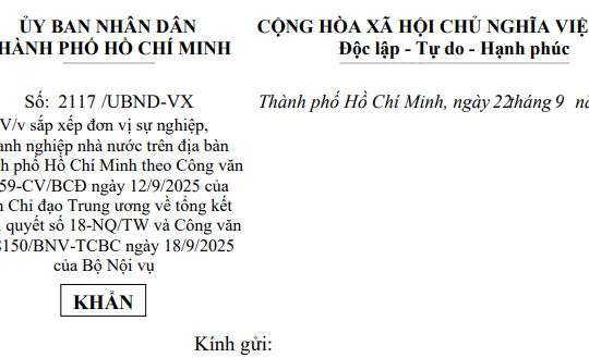 Toàn văn Công văn 2117/UBND-VX sắp xếp đơn vị sự nghiệp doanh nghiệp nhà nước theo Công văn 59 tại TPHCM