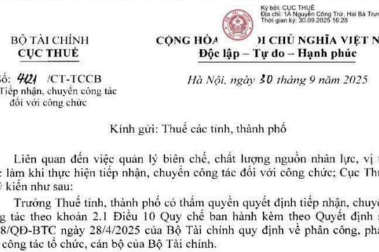 Đã có toàn văn Công văn 4121/CT/TCCB về tiếp nhận chuyển công tác đối với công chức ngành thuế