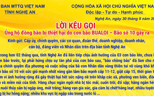 Lời kêu gọi ủng hộ đồng bào bị thiệt hại do bão Bualoi của Ủy ban MTTQ Việt Nam tỉnh Nghệ An