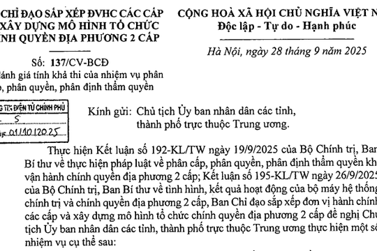 Đã có Công văn 137/CV-BCĐ đánh giá tính khả thi của nhiệm vụ phân cấp phân quyền